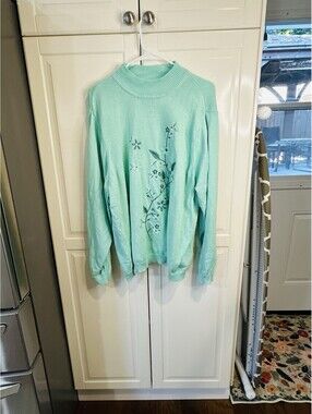 Blair Vintage  Women's Mock Neck Mint Green Embroidered Floral Sweater Size 3XL